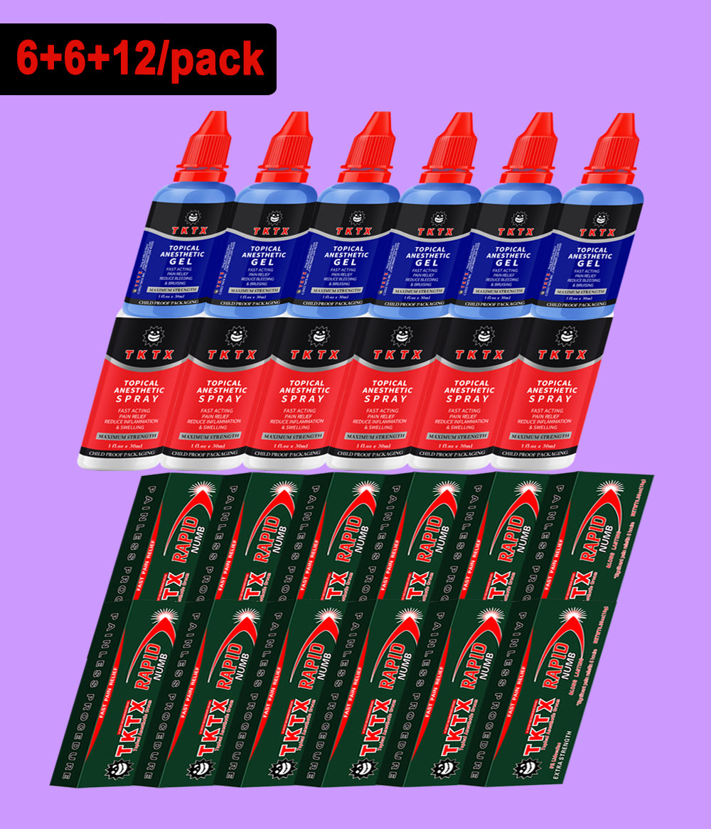 6 Pieces TKTX Gel 1.0 fl.oz/pcs & 6 Pieces TKTX Spray 1.0 fl.oz/pcs & 12 Pieces TKTX Rapid & Long Lasting 0.35oz/pcs